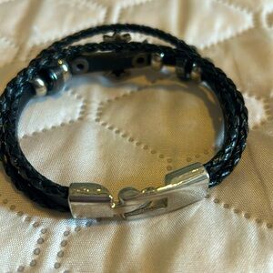 Cross Bracelet.  Black leather.